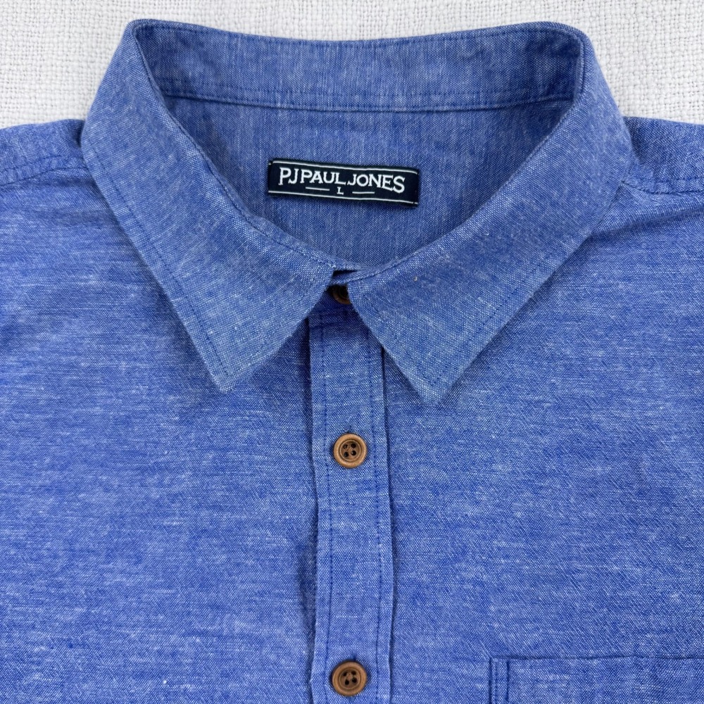 PJ Paul Jones Mens L Blue Cotton Linen Short Sleeve Chambray Button Down Shirt